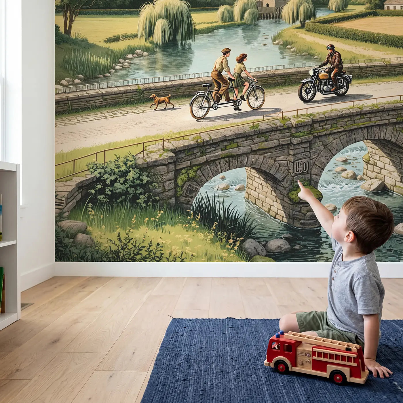 Child in nursery with Tandem Bicycle and Motorcycle Bridge Wallpaper Mural by Whimsy Tots