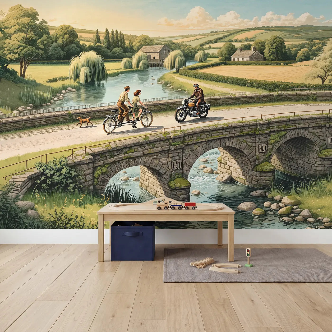 Tandem Bicycle and Motorcycle Bridge Wallpaper Mural in playroom setting by Whimsy Tots
