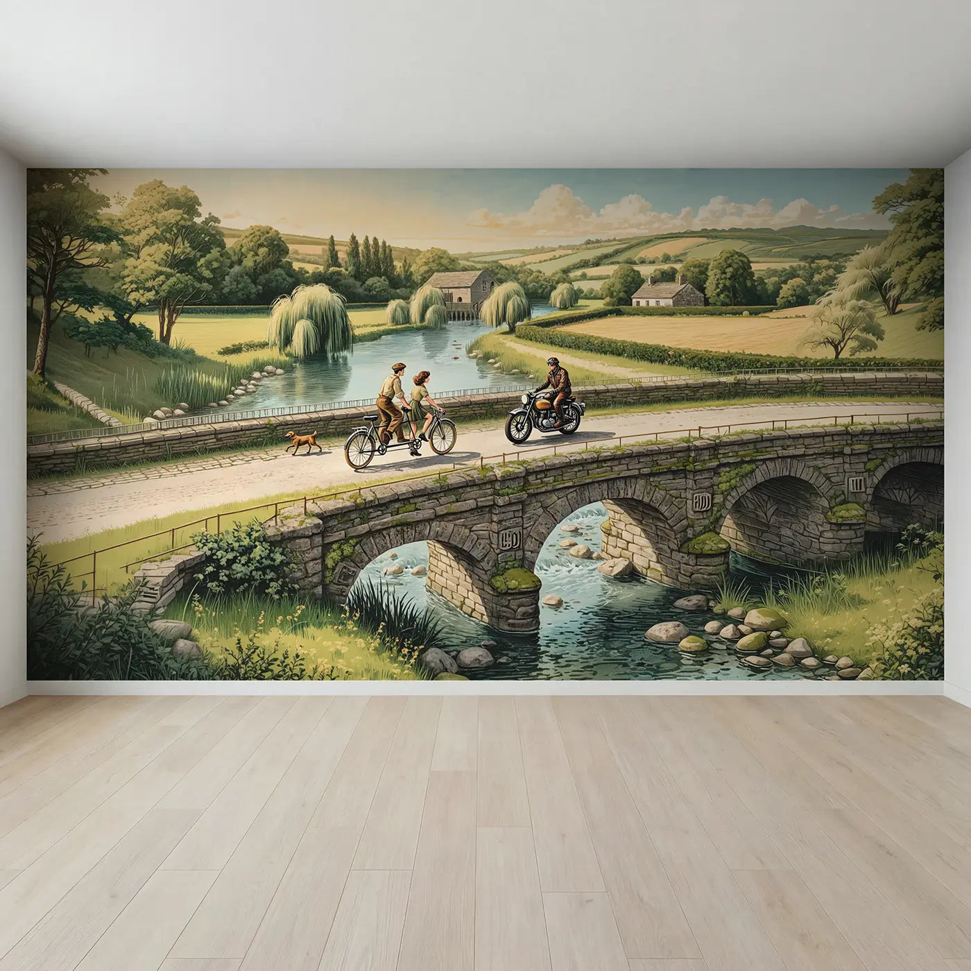 Full view of Tandem Bicycle and Motorcycle Bridge Wallpaper Mural by Whimsy Tots