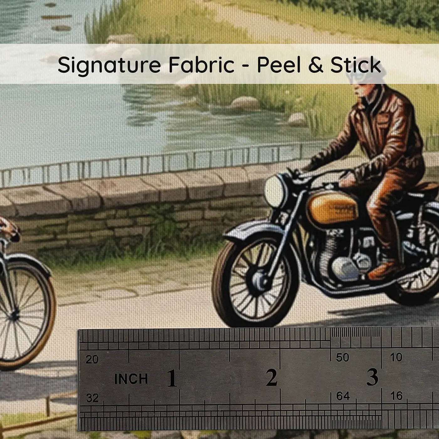 Fabric texture close-up of Tandem Bicycle and Motorcycle Bridge Wallpaper Mural by Whimsy Tots