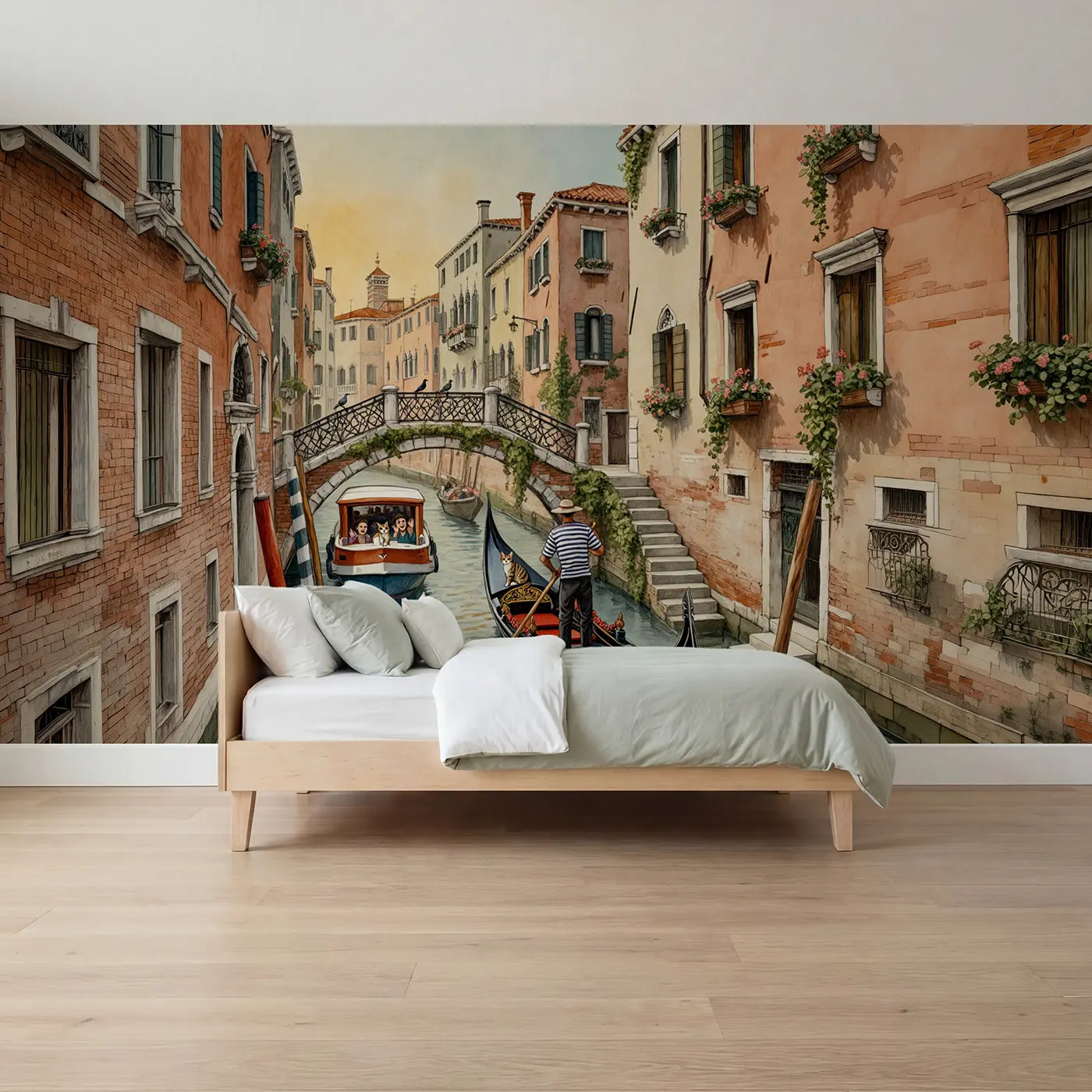 Storybook gondola and canal vintage wallpaper mural for kids room by Whimsy Tots