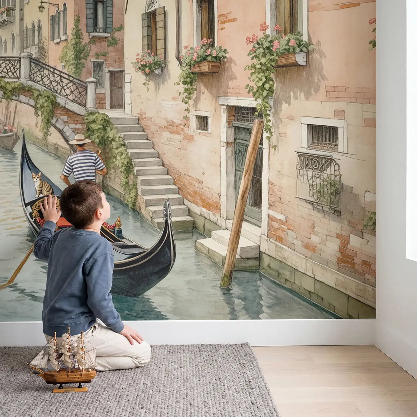 Child in nursery with Venice Canal Gondola Wallpaper Mural by Whimsy Tots