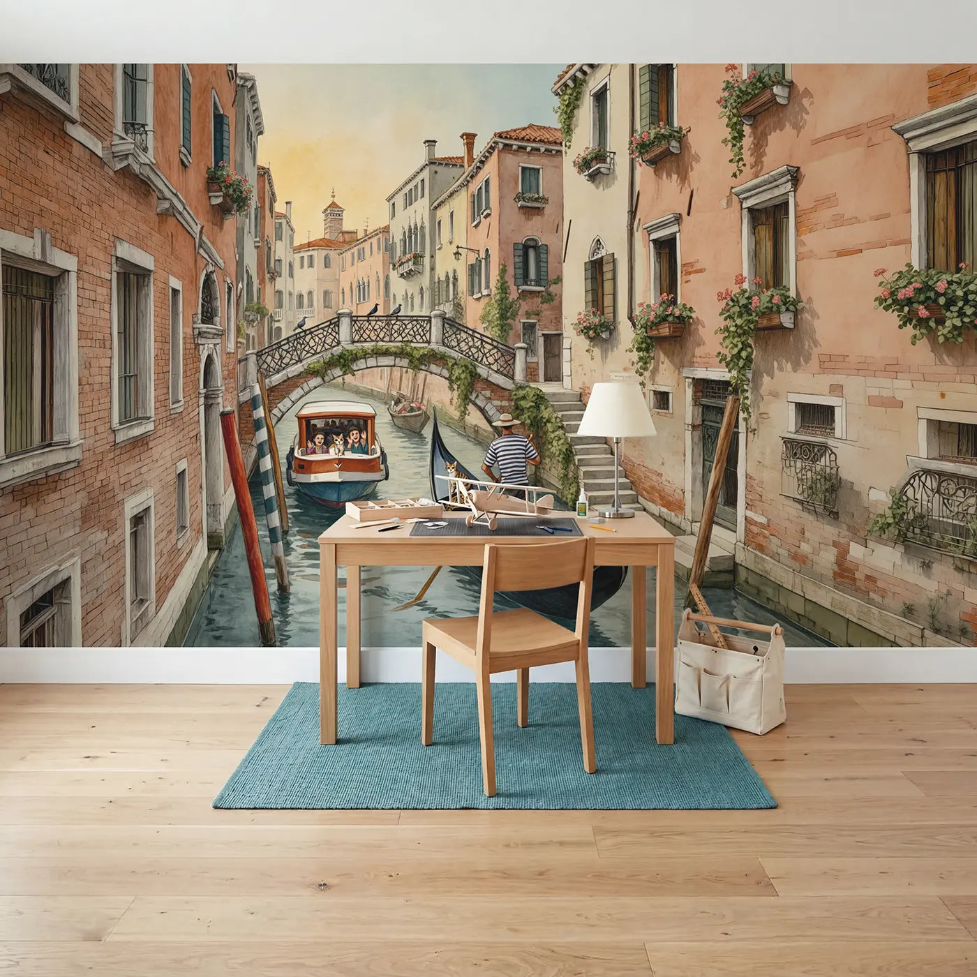 Venice Canal Gondola Wallpaper Mural in playroom setting by Whimsy Tots