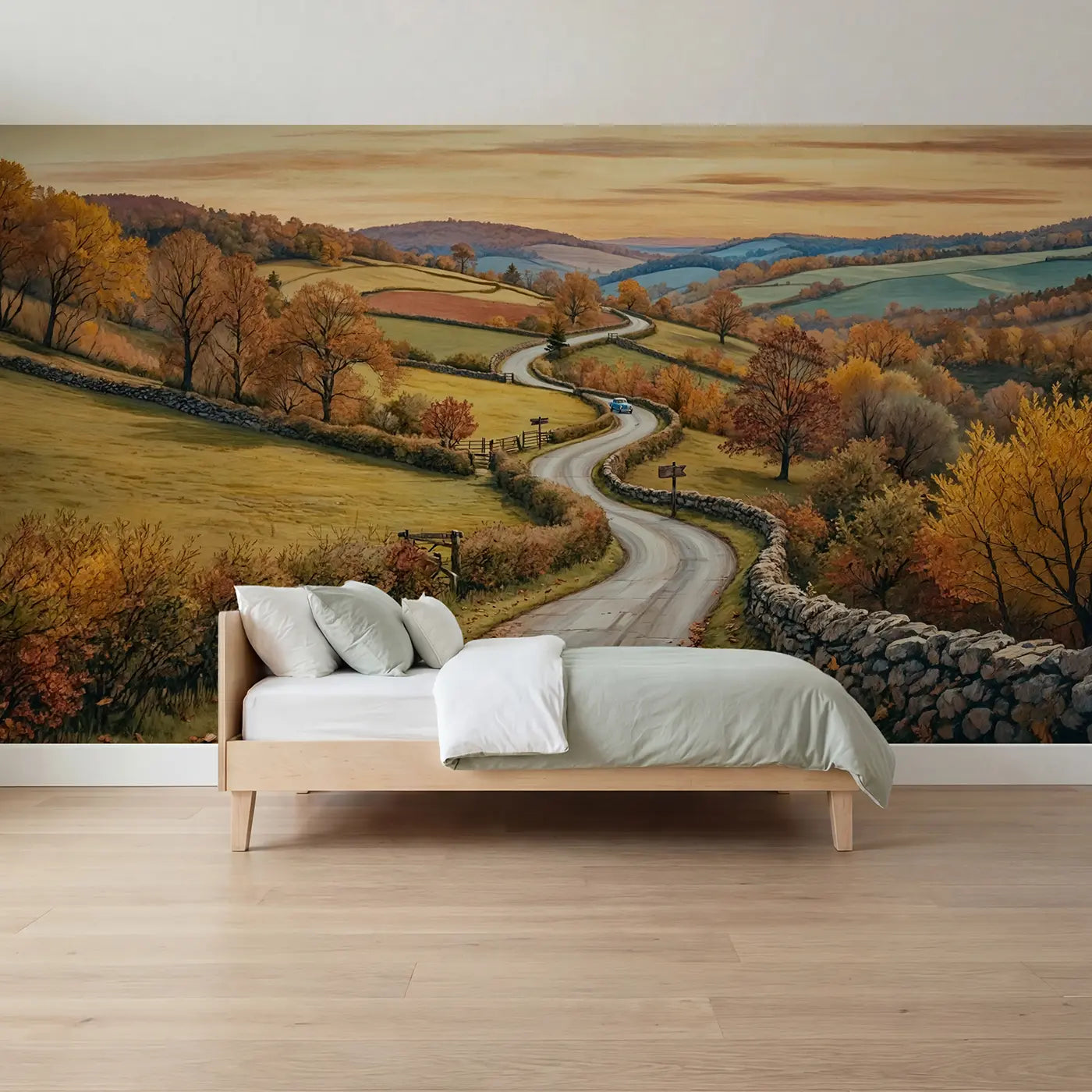 Storybook autumn country road wallpaper mural for boys room by Whimsy Tots