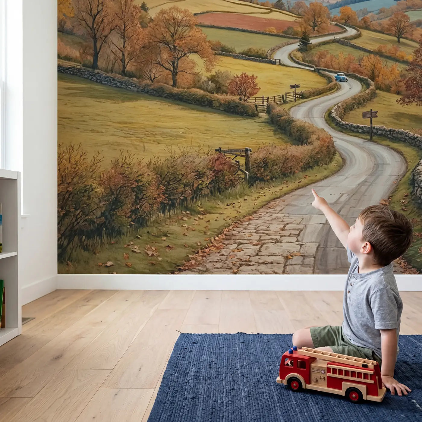 Child in nursery with Autumn Country Road Wallpaper Mural by Whimsy Tots