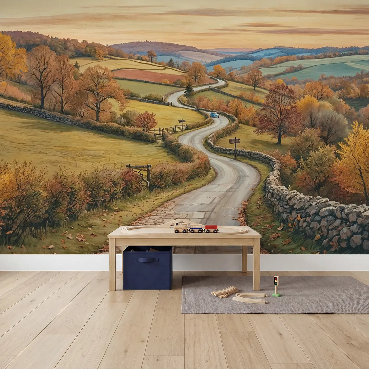 Autumn Country Road Wallpaper Mural in playroom setting by Whimsy Tots