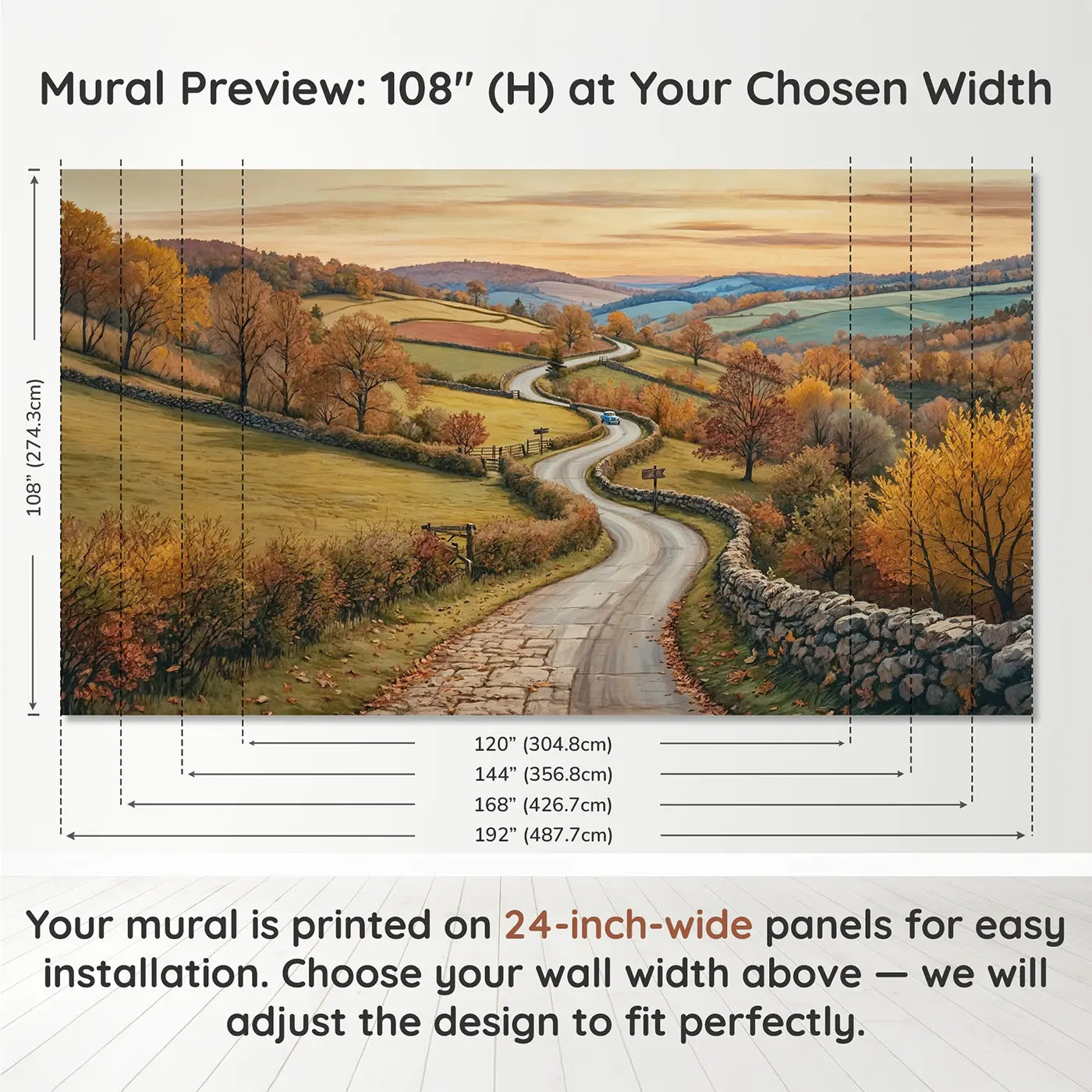 Panel layout and dimensions for Autumn Country Road Wallpaper Mural by Whimsy Tots
