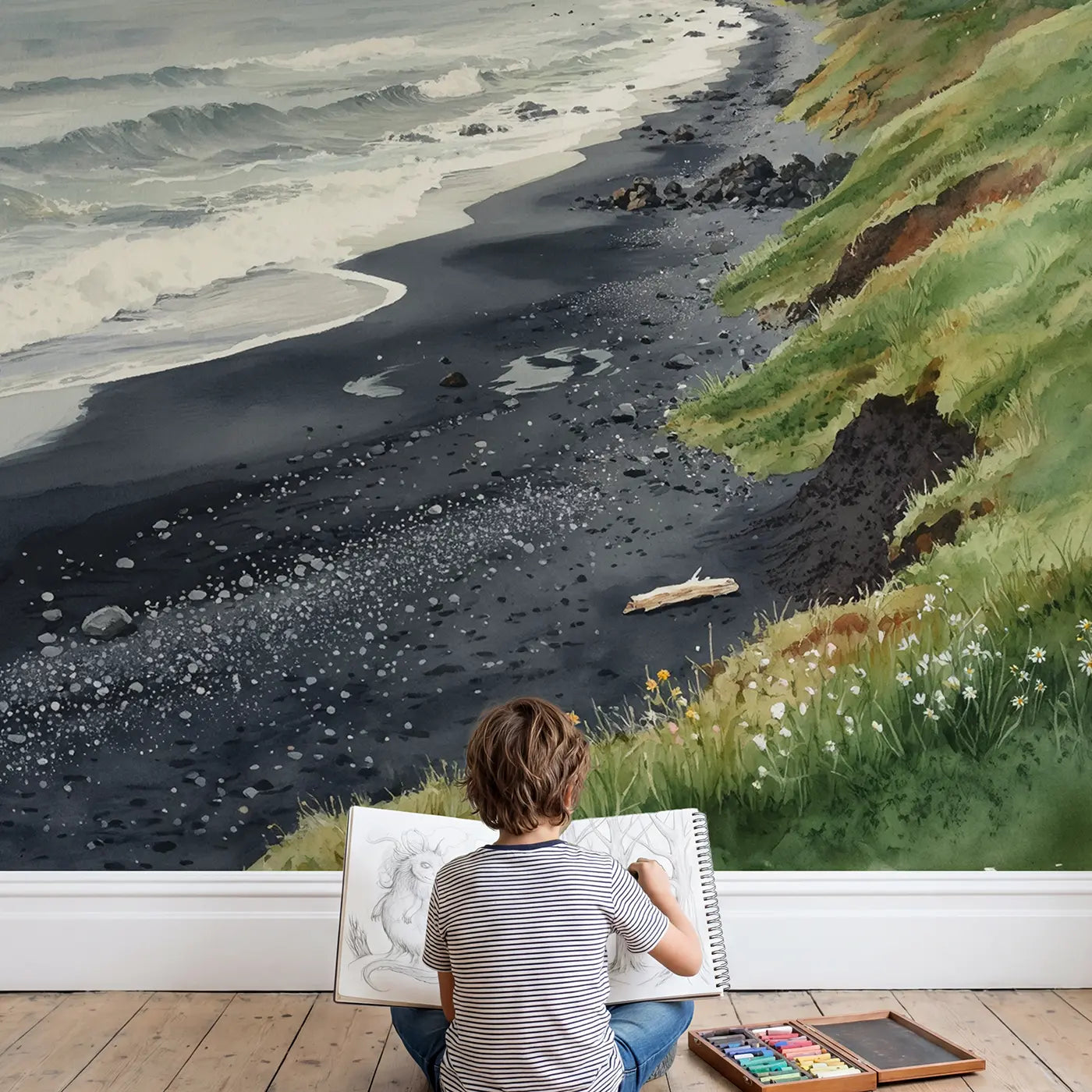 Child in nursery with Black Sand Beach Hillside Wallpaper Mural by Whimsy Tots