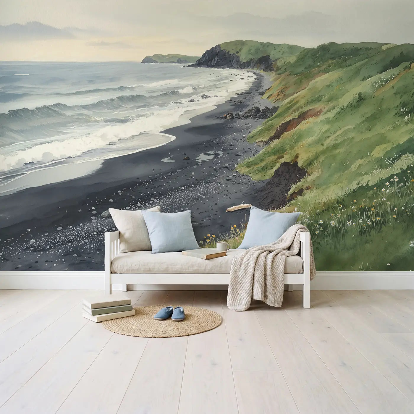 Black Sand Beach Hillside Wallpaper Mural in playroom setting by Whimsy Tots