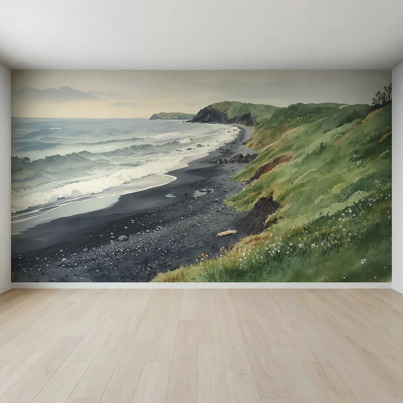 Full view of Black Sand Beach Hillside Wallpaper Mural by Whimsy Tots