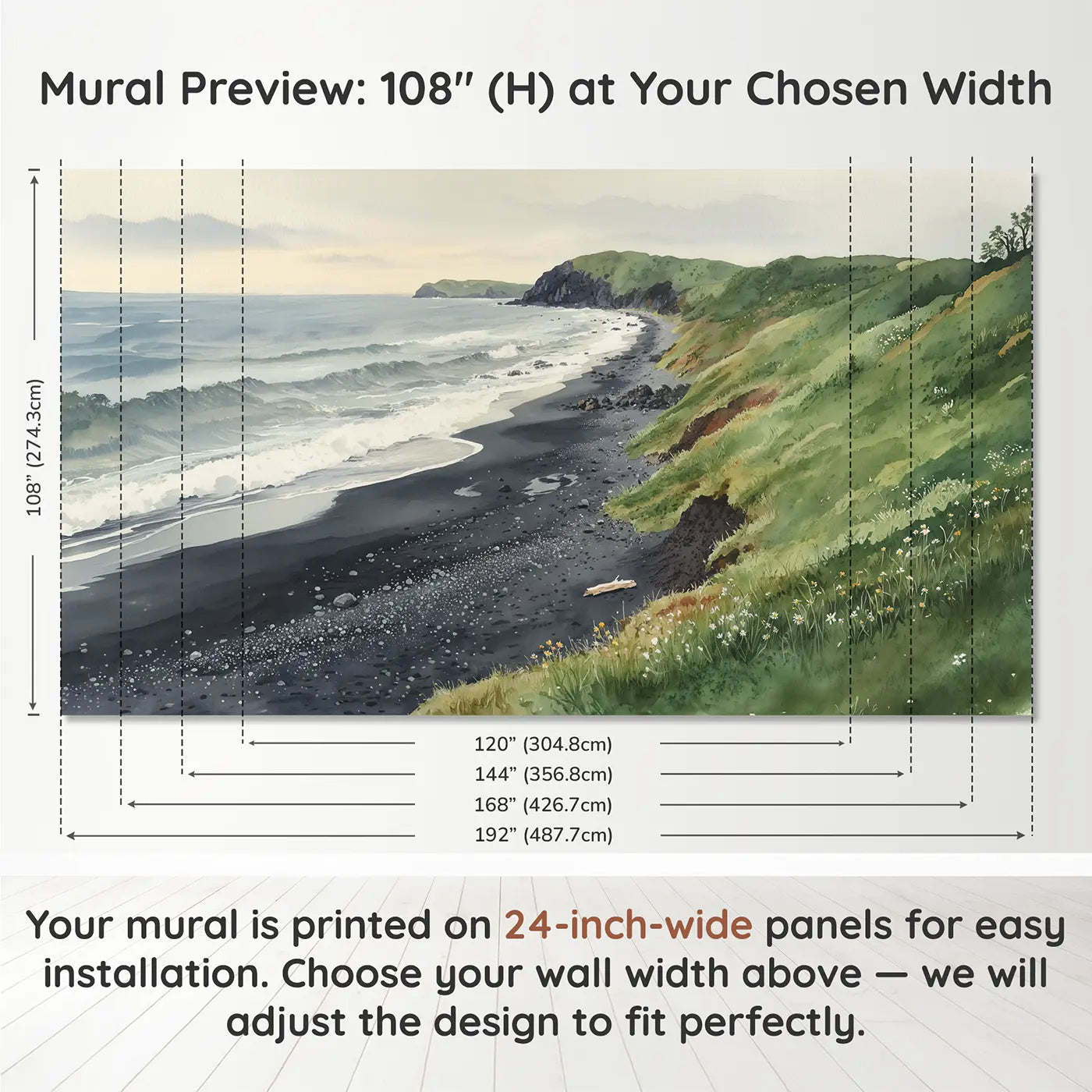 Panel layout and dimensions for Black Sand Beach Hillside Wallpaper Mural by Whimsy Tots