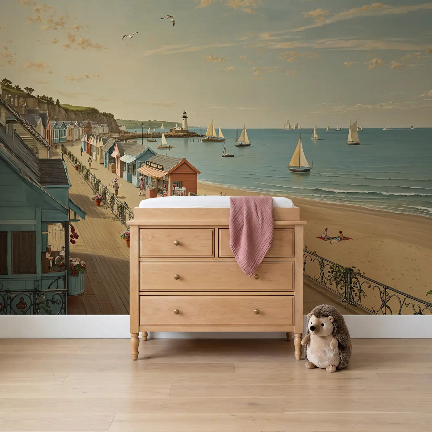 Botanical elegance seaside boardwalk town wallpaper mural for girls room by Whimsy Tots