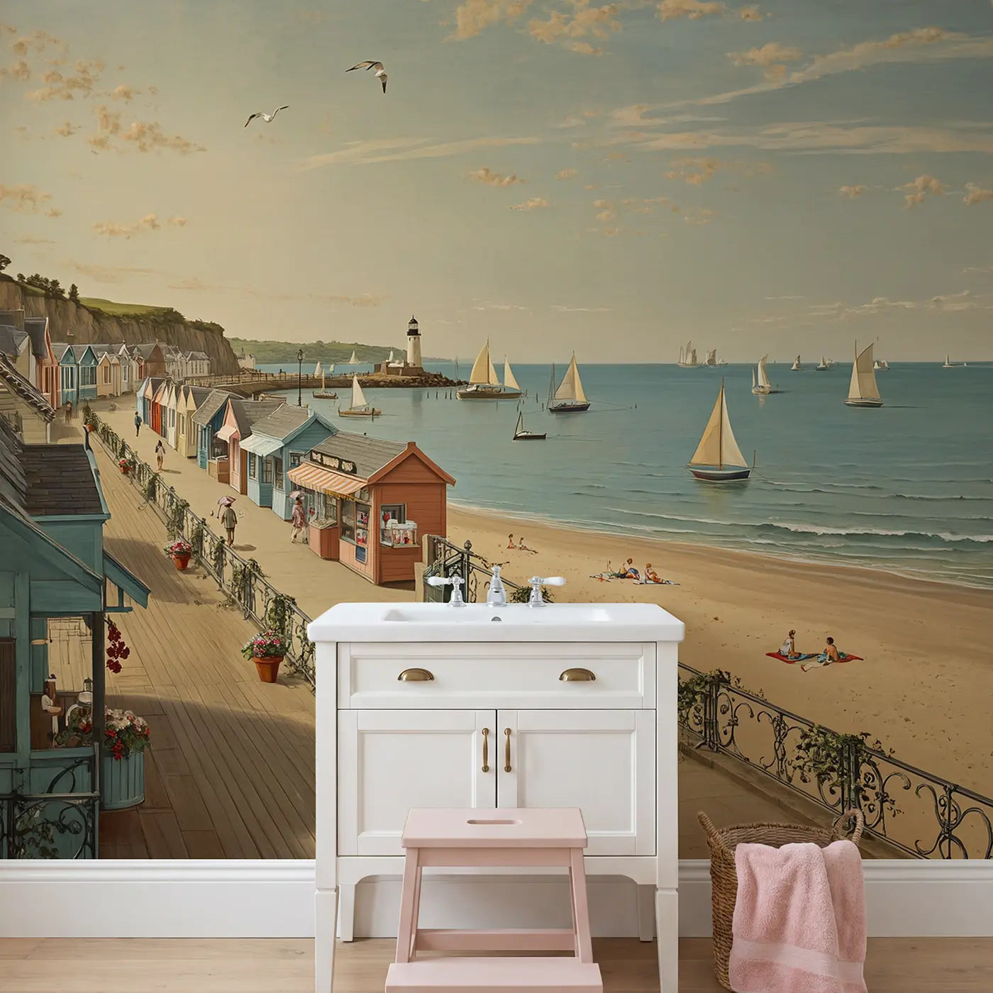 Seaside Boardwalk Town Wallpaper Mural in playroom setting by Whimsy Tots