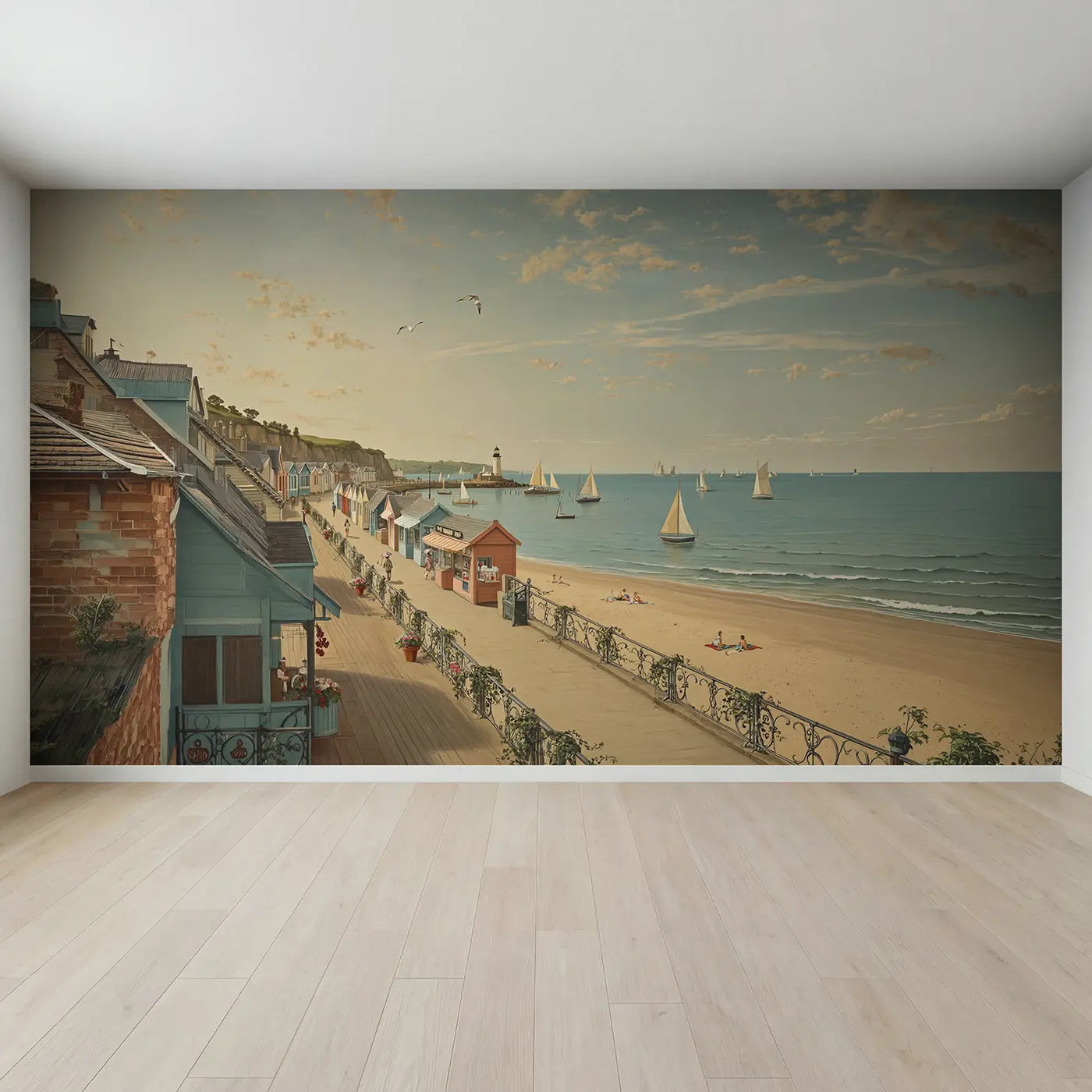 Full view of Seaside Boardwalk Town Wallpaper Mural by Whimsy Tots