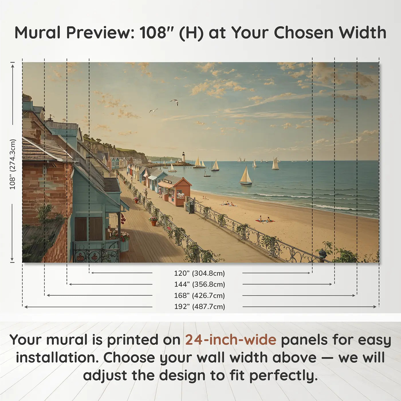 Panel layout and dimensions for Seaside Boardwalk Town Wallpaper Mural by Whimsy Tots