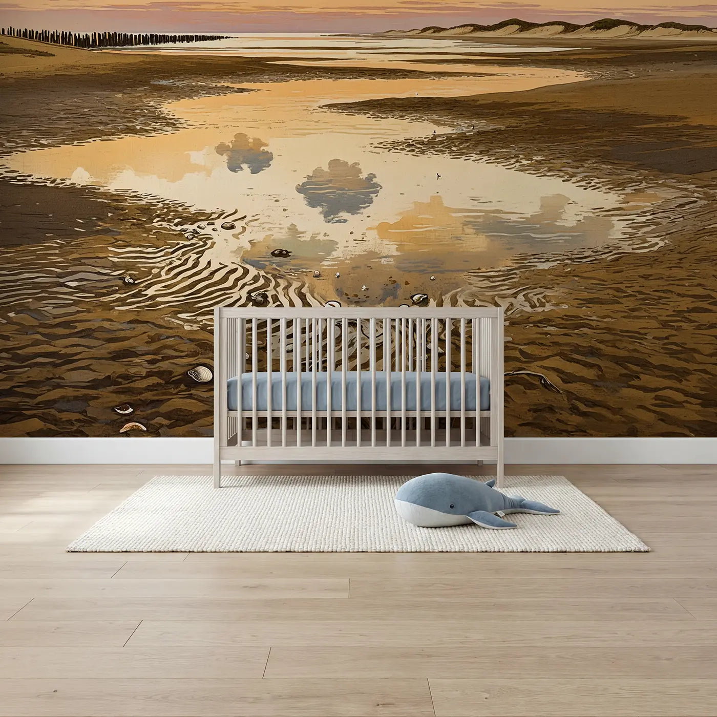 block print sunset tidal flats coastal wallpaper mural for nursery by Whimsy Tots