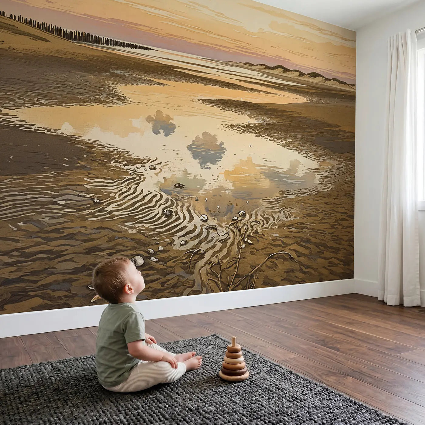 Child in nursery with Sunset Tidal Flats Wallpaper Mural by Whimsy Tots