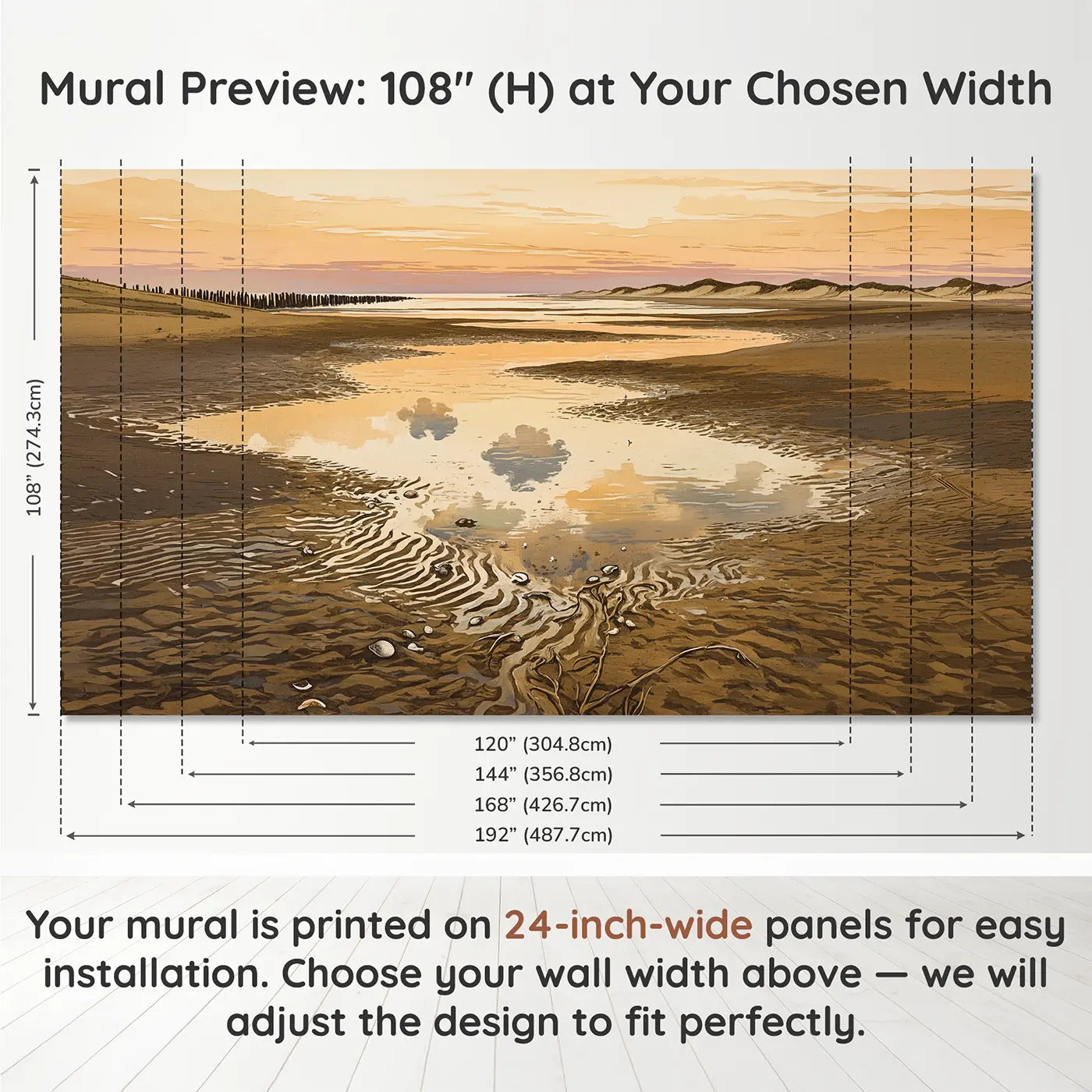 Panel layout and dimensions for Sunset Tidal Flats Wallpaper Mural by Whimsy Tots