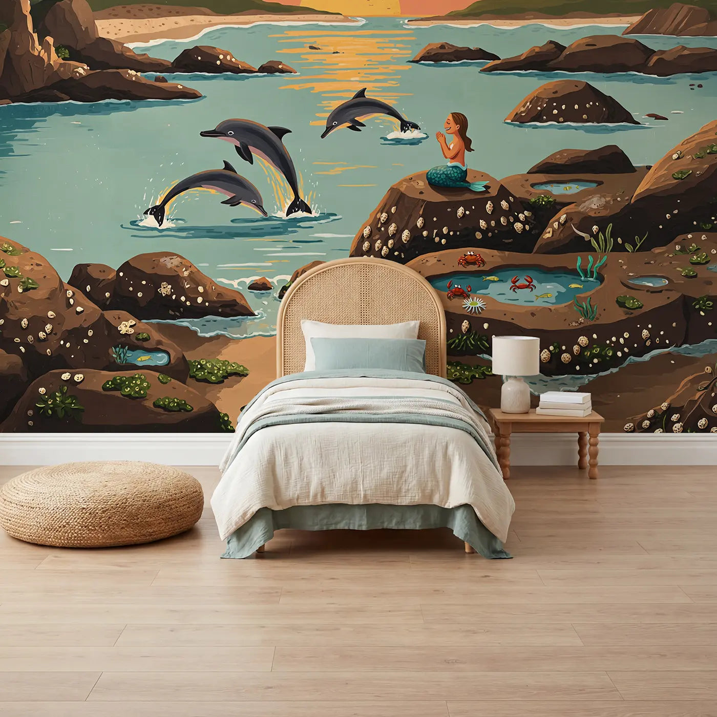 modern illustration dolphins mermaid sunset coast mural for kids room by Whimsy Tots