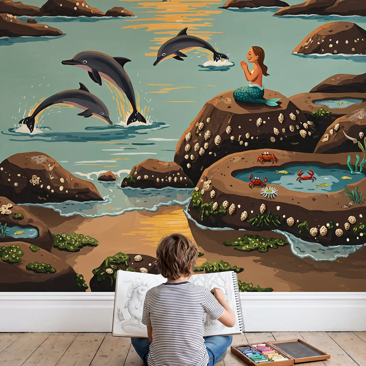Child in nursery with Dolphins and Mermaid Sunset Coast Wallpaper Mural by Whimsy Tots