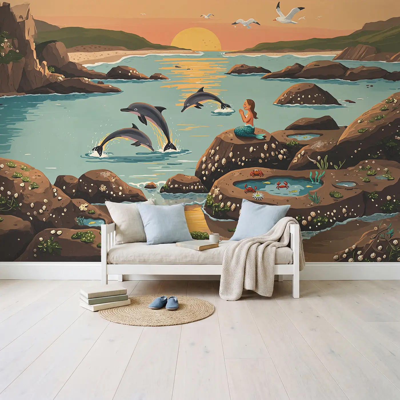 Dolphins and Mermaid Sunset Coast Wallpaper Mural in playroom setting by Whimsy Tots