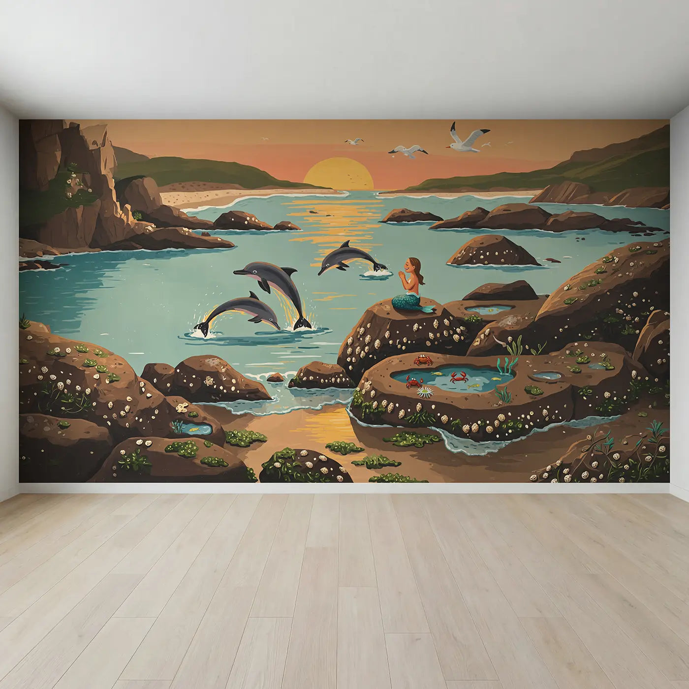 Full view of Dolphins and Mermaid Sunset Coast Wallpaper Mural by Whimsy Tots