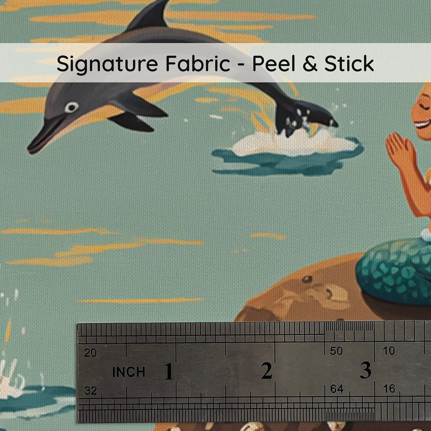 Fabric texture close-up of Dolphins and Mermaid Sunset Coast Wallpaper Mural by Whimsy Tots