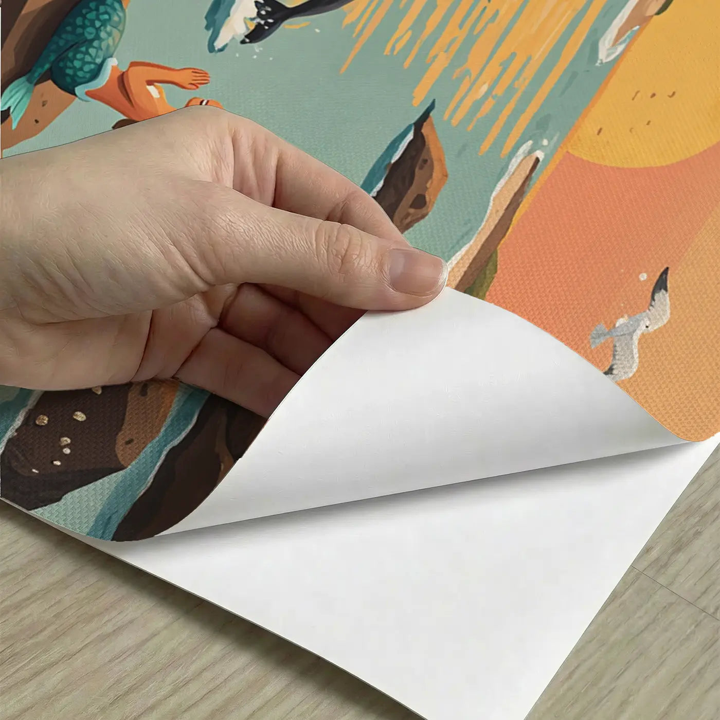 Peel-and-stick detail of Dolphins and Mermaid Sunset Coast Wallpaper Mural by Whimsy Tots