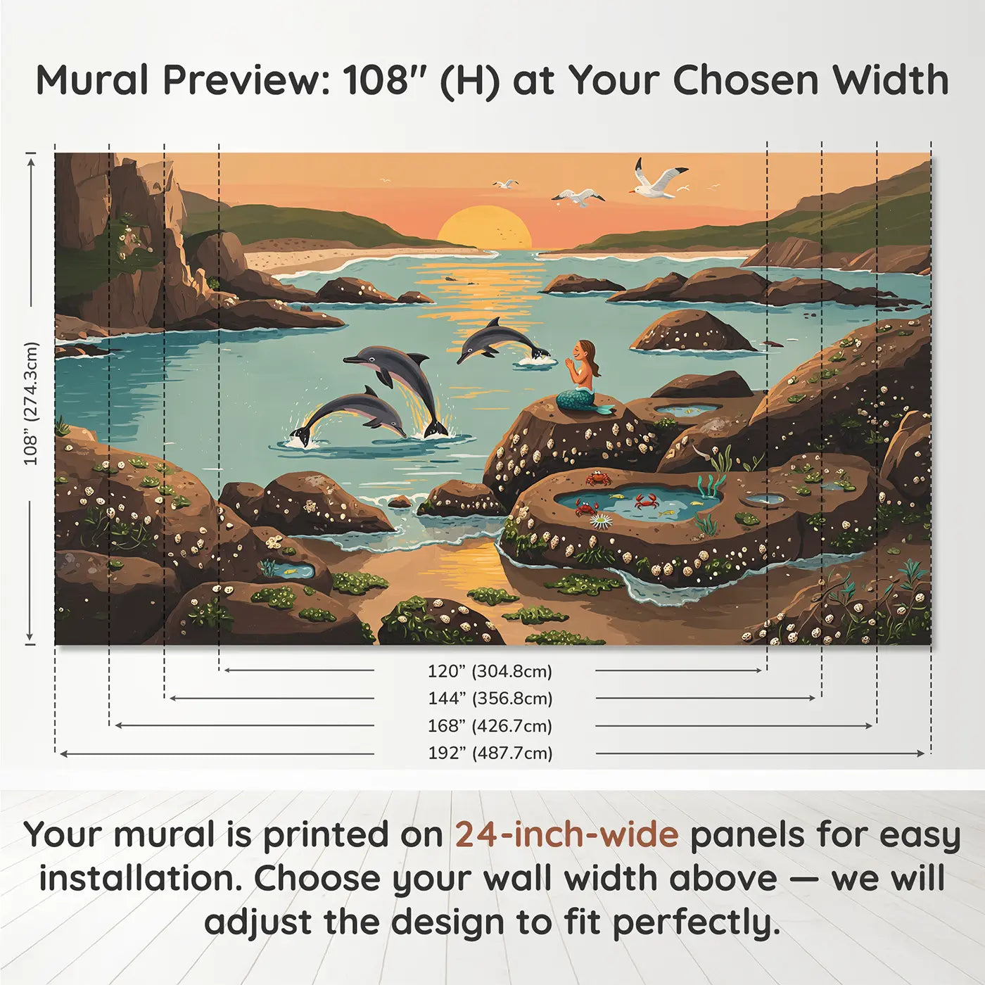 Panel layout and dimensions for Dolphins and Mermaid Sunset Coast Wallpaper Mural by Whimsy Tots