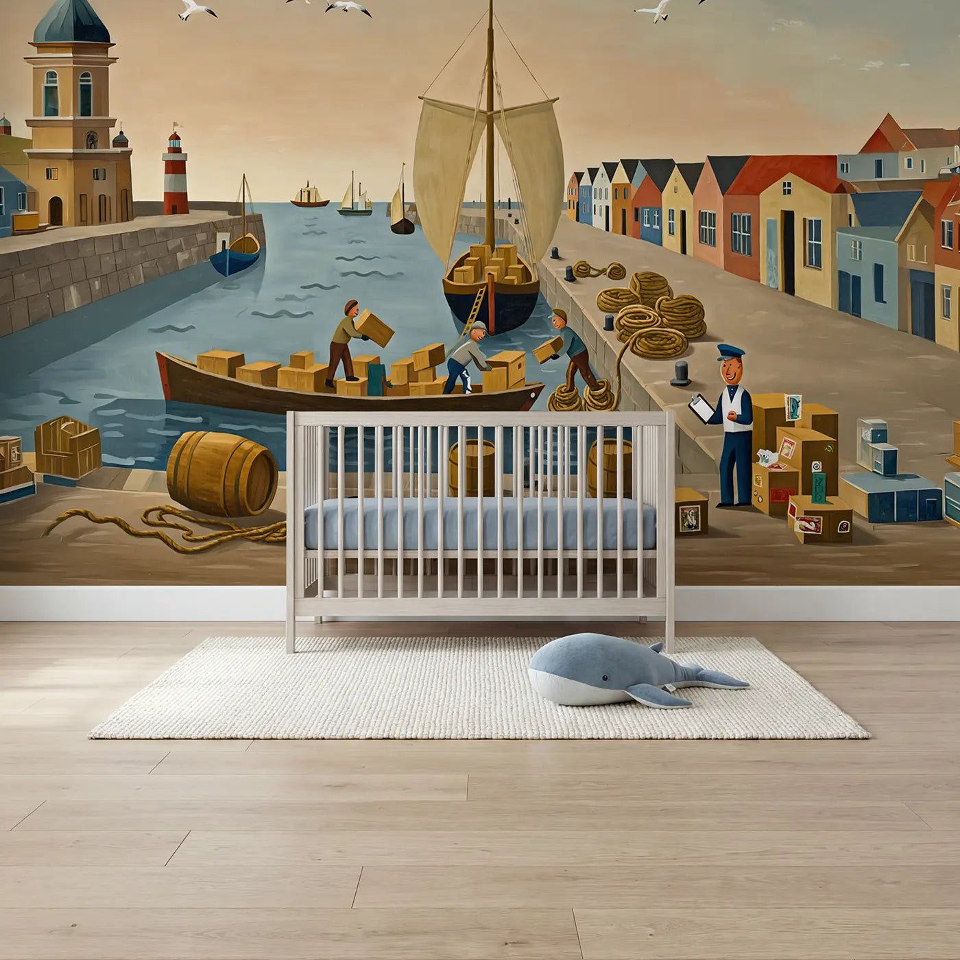 Modern illustration harbor boats wallpaper mural for nursery by Whimsy Tots