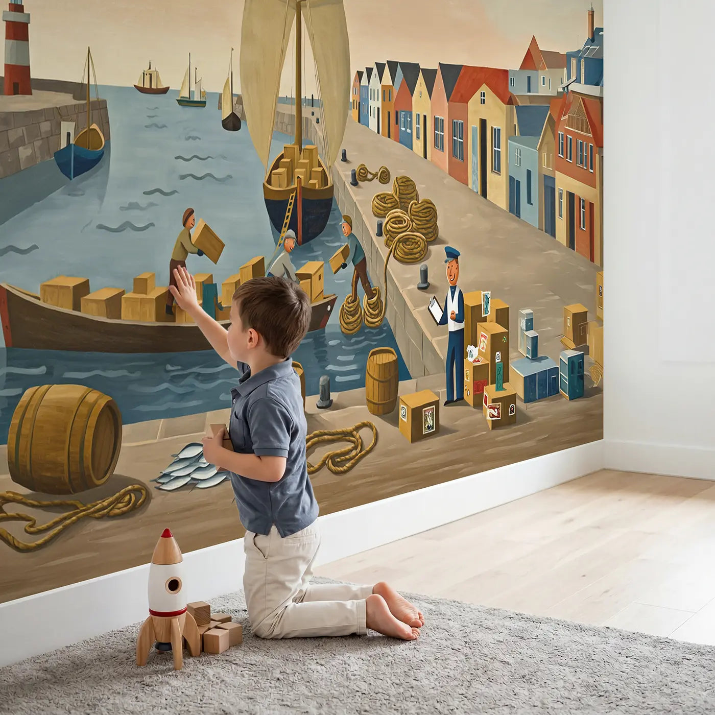 Child in nursery with Busy Harbor Morning Wallpaper Mural by Whimsy Tots