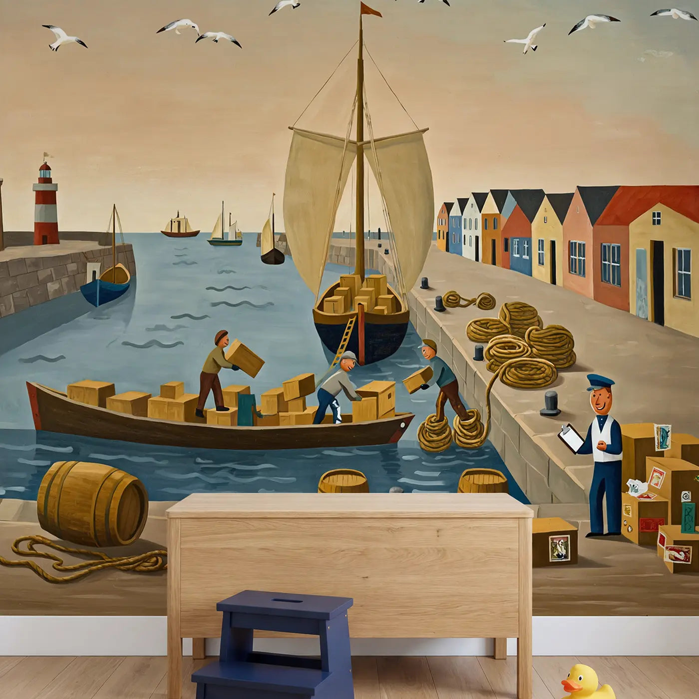 Busy Harbor Morning Wallpaper Mural in playroom setting by Whimsy Tots