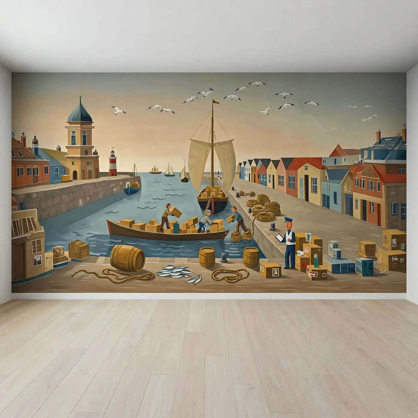 Full view of Busy Harbor Morning Wallpaper Mural by Whimsy Tots