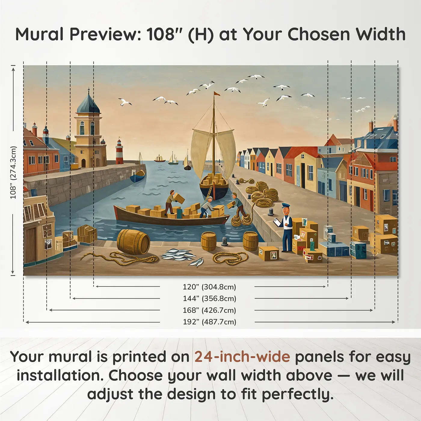 Panel layout and dimensions for Busy Harbor Morning Wallpaper Mural by Whimsy Tots