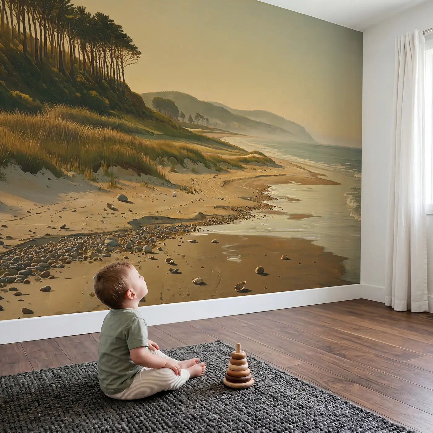 Child in nursery with Beach Dunes Sea Grass Wallpaper Mural by Whimsy Tots