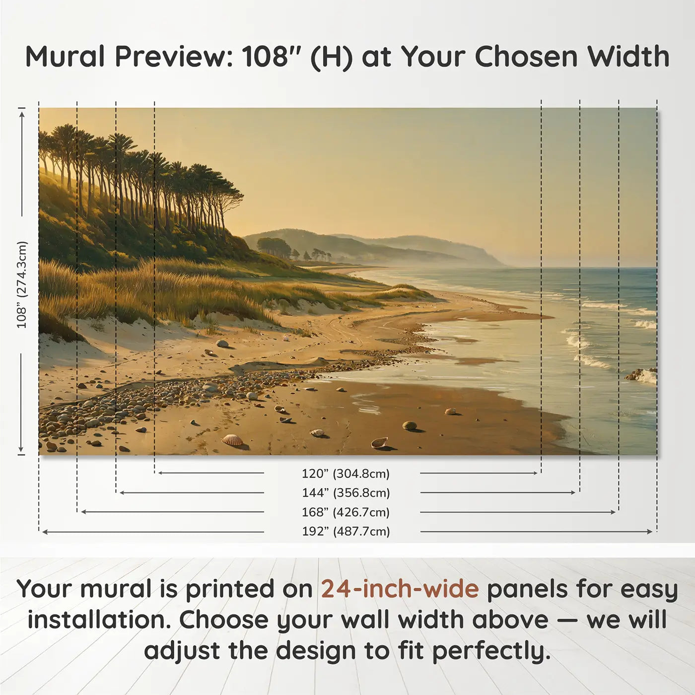 Panel layout and dimensions for Beach Dunes Sea Grass Wallpaper Mural by Whimsy Tots