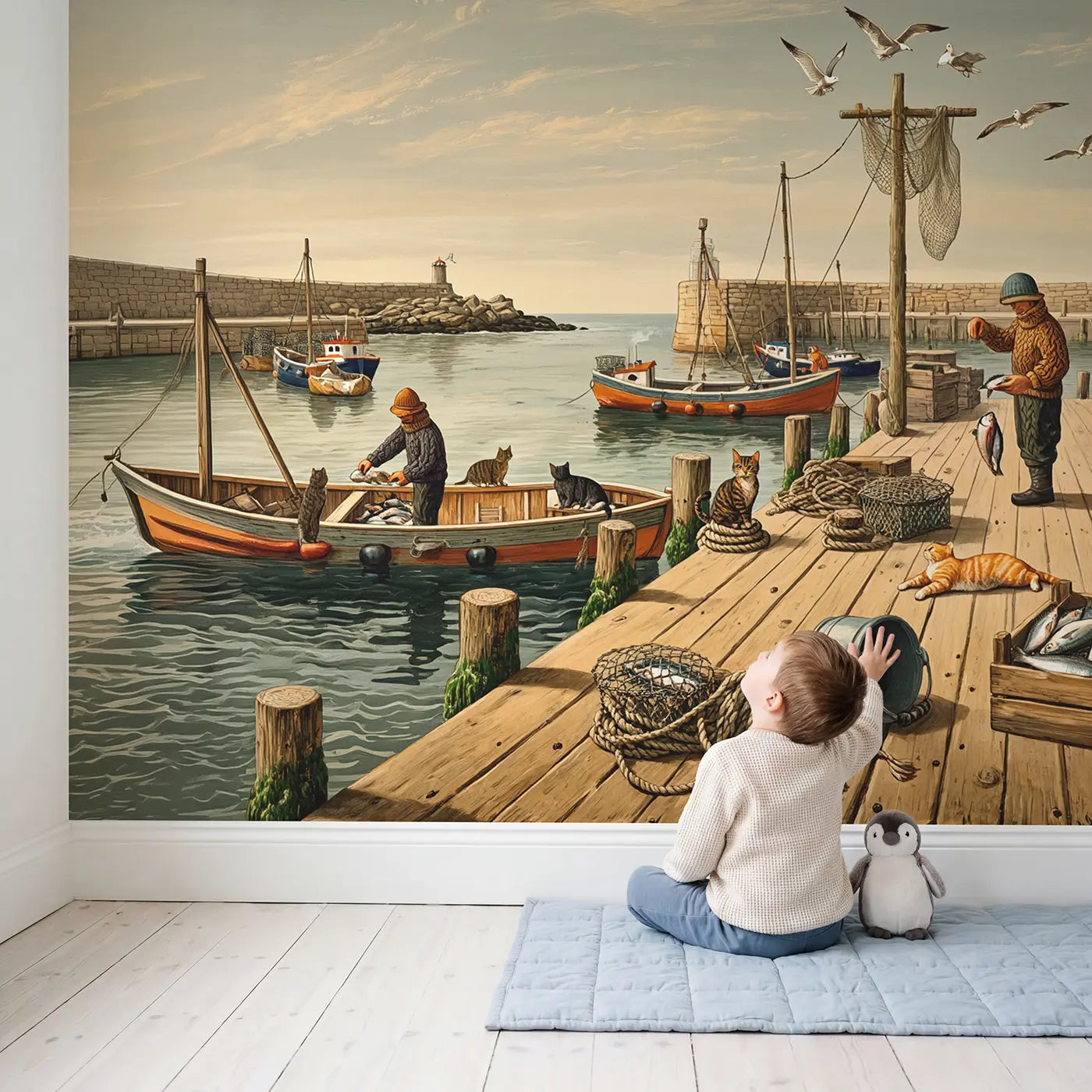 Child in nursery with Harbor Cats and Fishermen Wallpaper Mural by Whimsy Tots