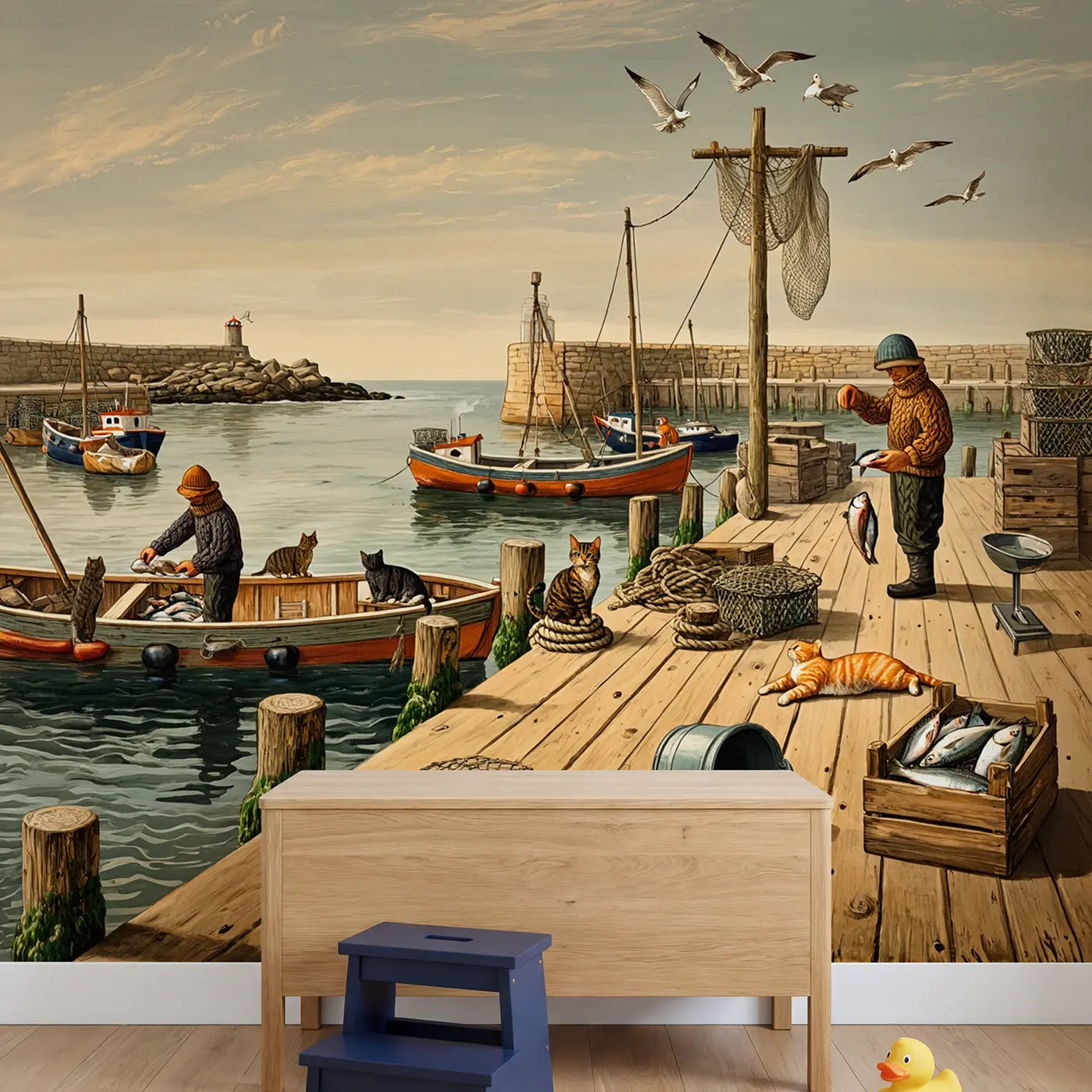 Harbor Cats and Fishermen Wallpaper Mural in playroom setting by Whimsy Tots