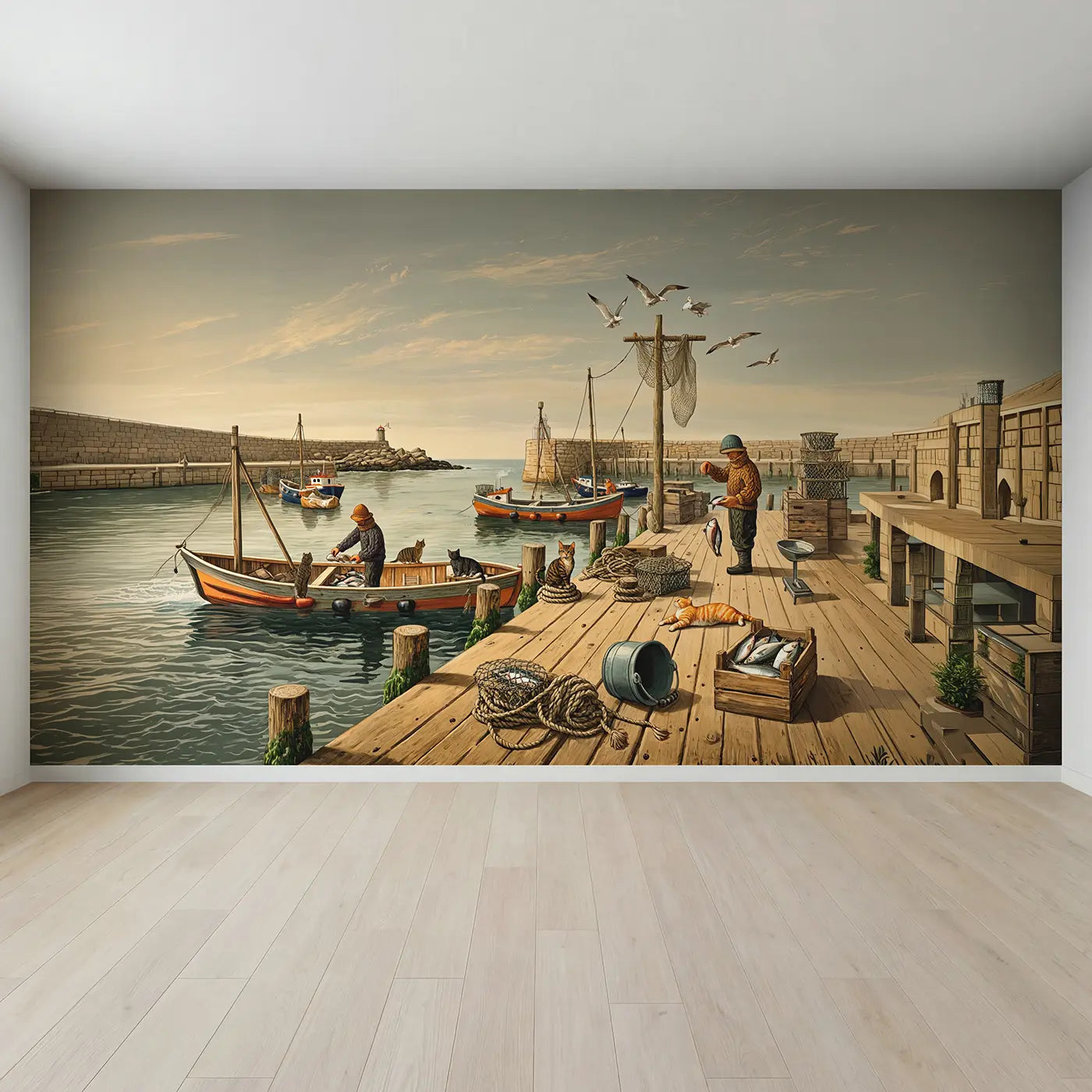 Full view of Harbor Cats and Fishermen Wallpaper Mural by Whimsy Tots