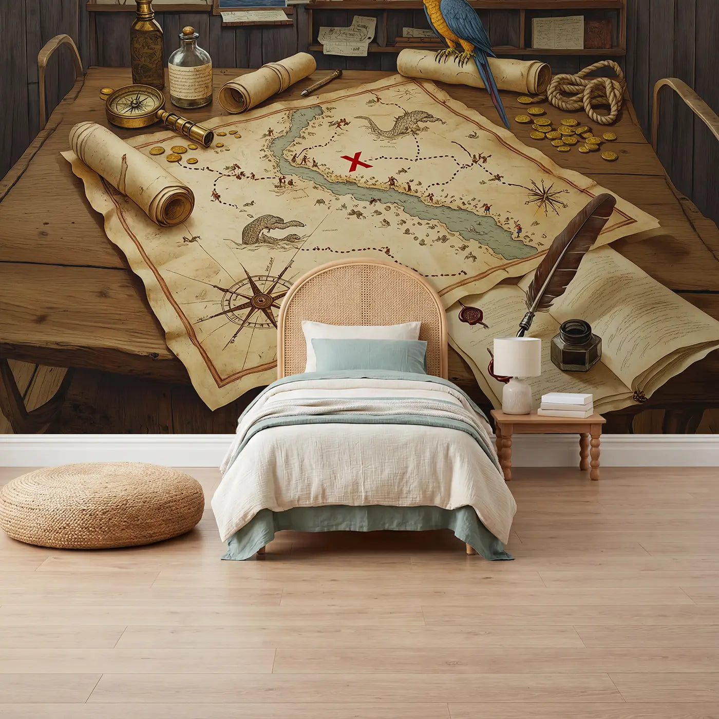 Botanical elegance pirate treasure map with compass wallpaper mural for kids room by Whimsy Tots