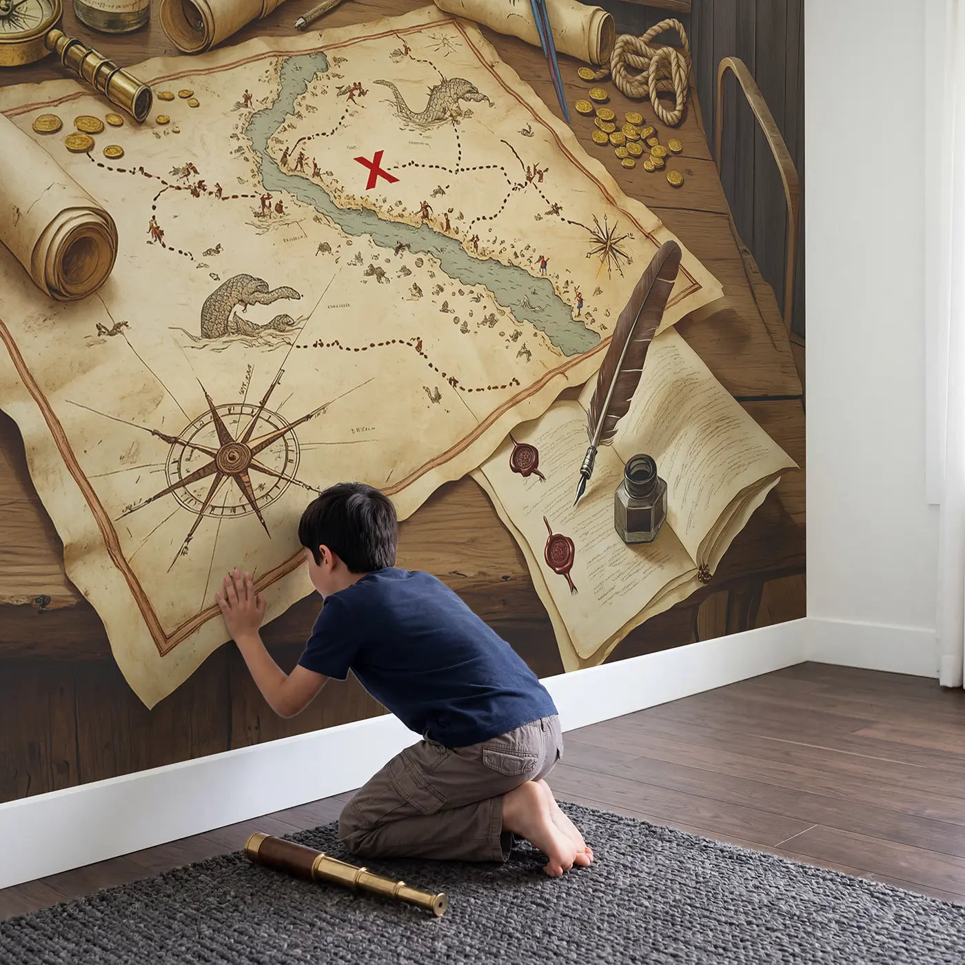 Child in nursery with Pirate Treasure Map Table Wallpaper Mural by Whimsy Tots