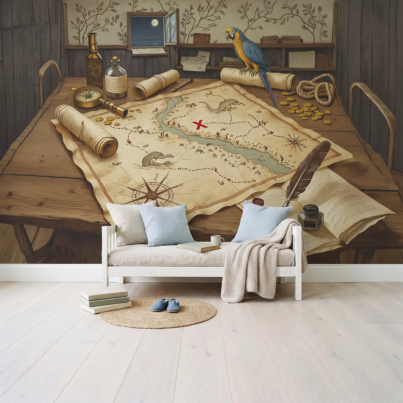 Pirate Treasure Map Table Wallpaper Mural in playroom setting by Whimsy Tots