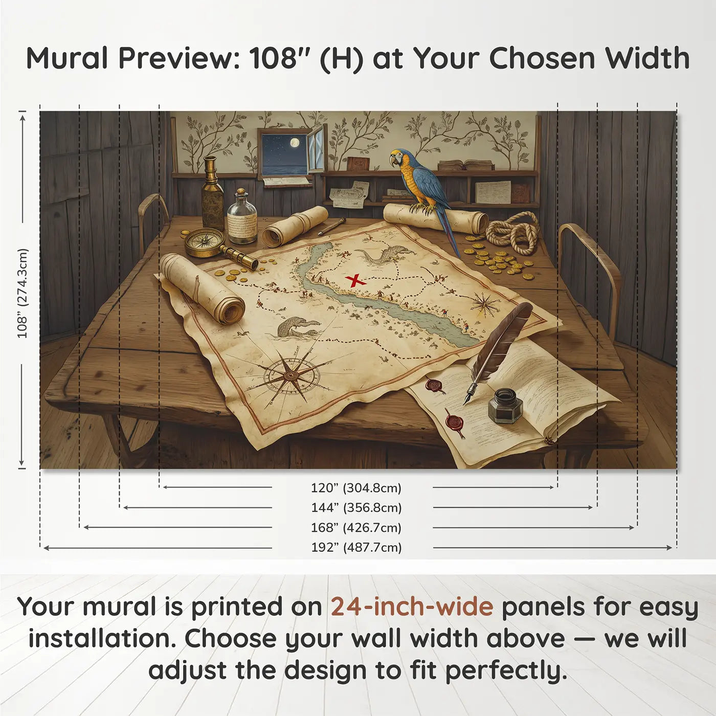 Panel layout and dimensions for Pirate Treasure Map Table Wallpaper Mural by Whimsy Tots