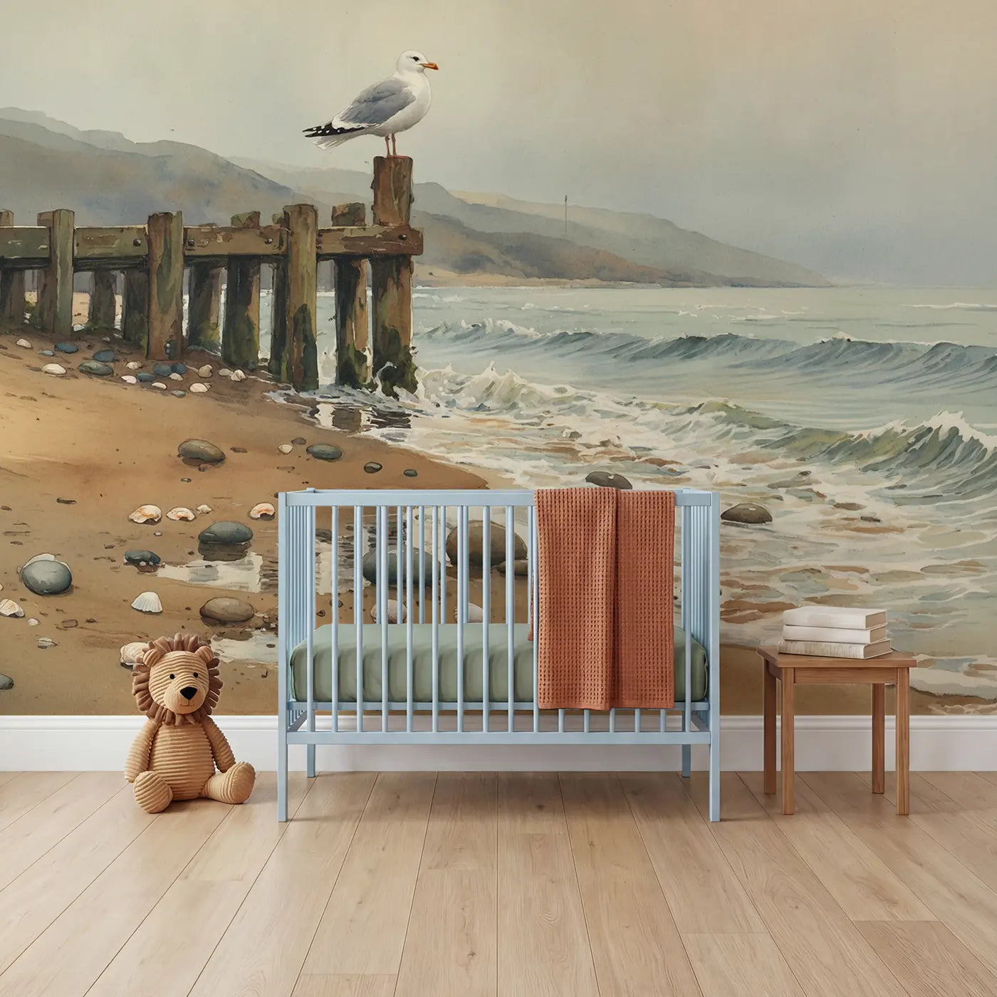 watercolor seagull dock harbor wallpaper mural for nursery by Whimsy Tots