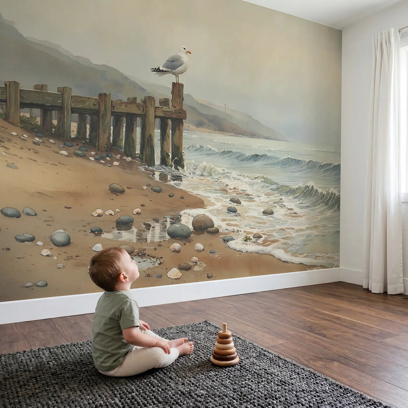 Child in nursery with Seagull Perched Weathered Dock Wallpaper Mural by Whimsy Tots