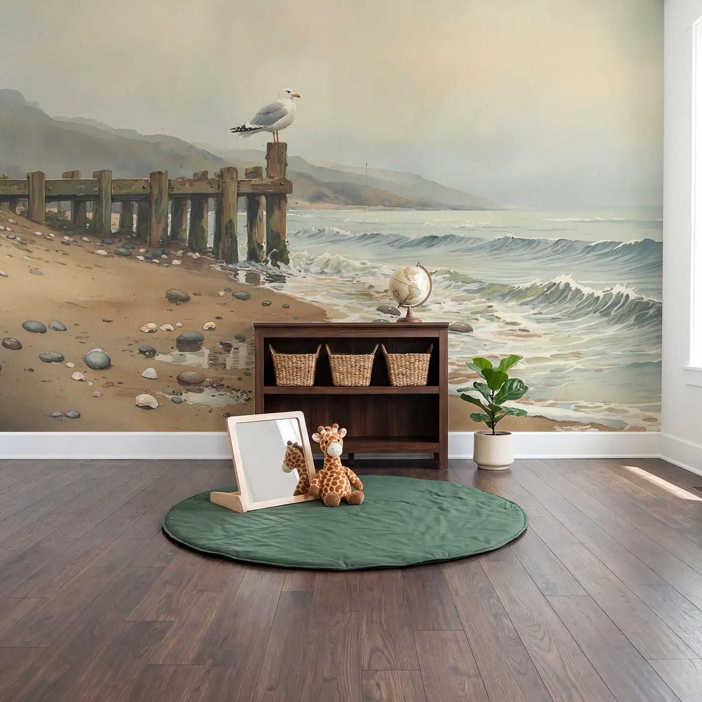 Seagull Perched Weathered Dock Wallpaper Mural in playroom setting by Whimsy Tots