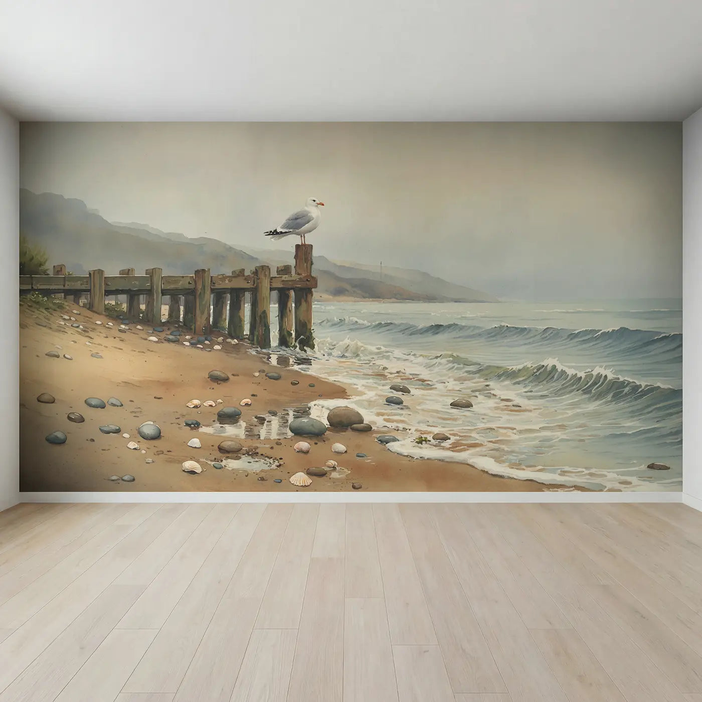 Full view of Seagull Perched Weathered Dock Wallpaper Mural by Whimsy Tots
