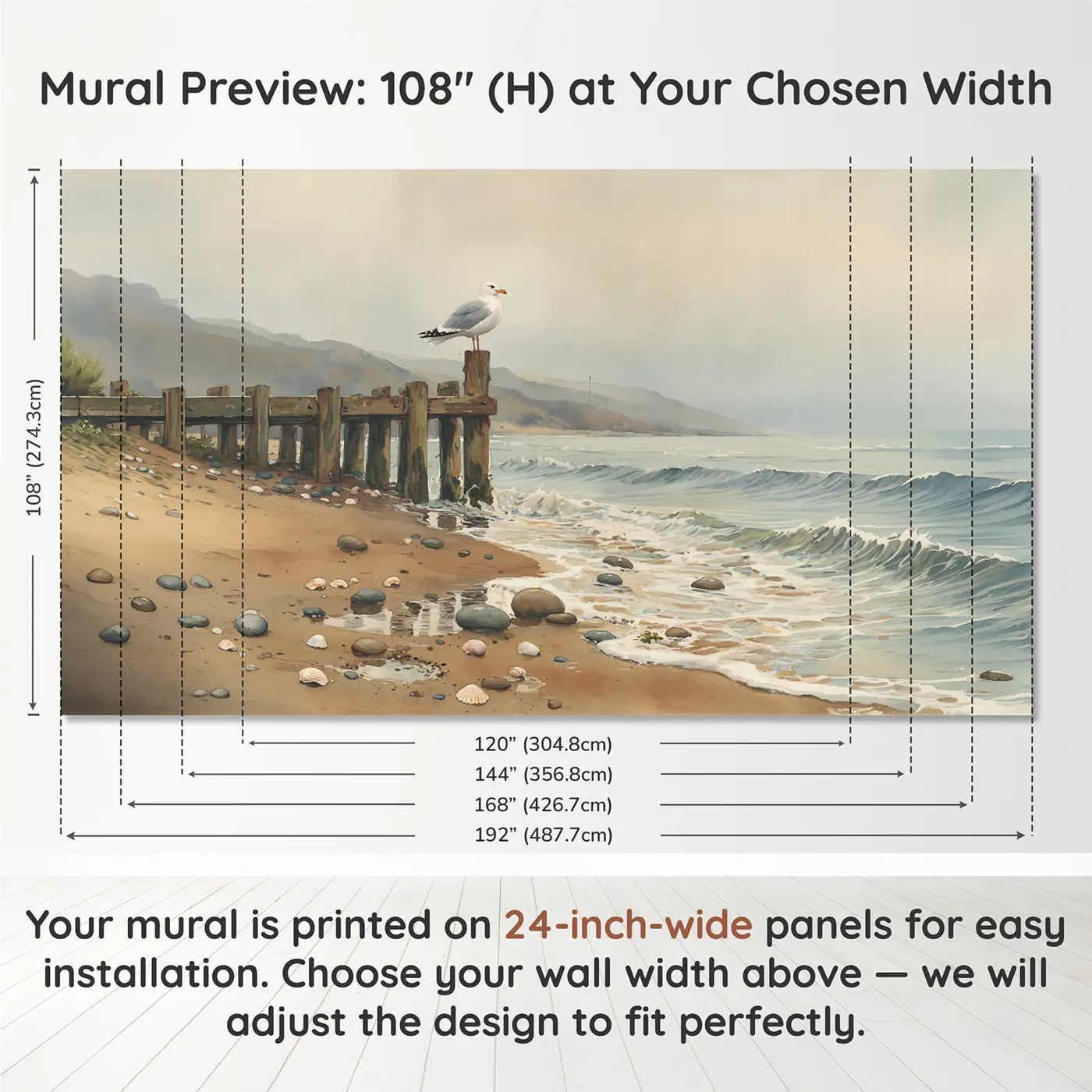 Panel layout and dimensions for Seagull Perched Weathered Dock Wallpaper Mural by Whimsy Tots