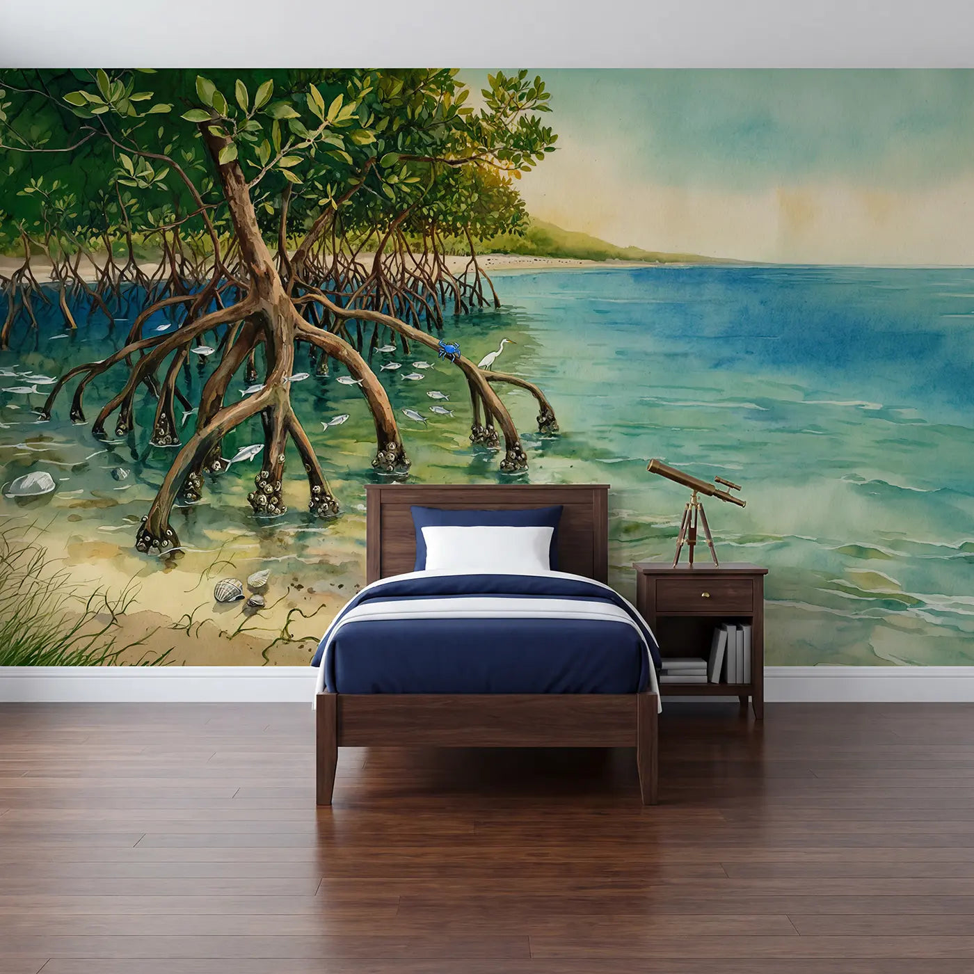 Watercolor mangrove and root coastal wallpaper mural for kids room by Whimsy Tots