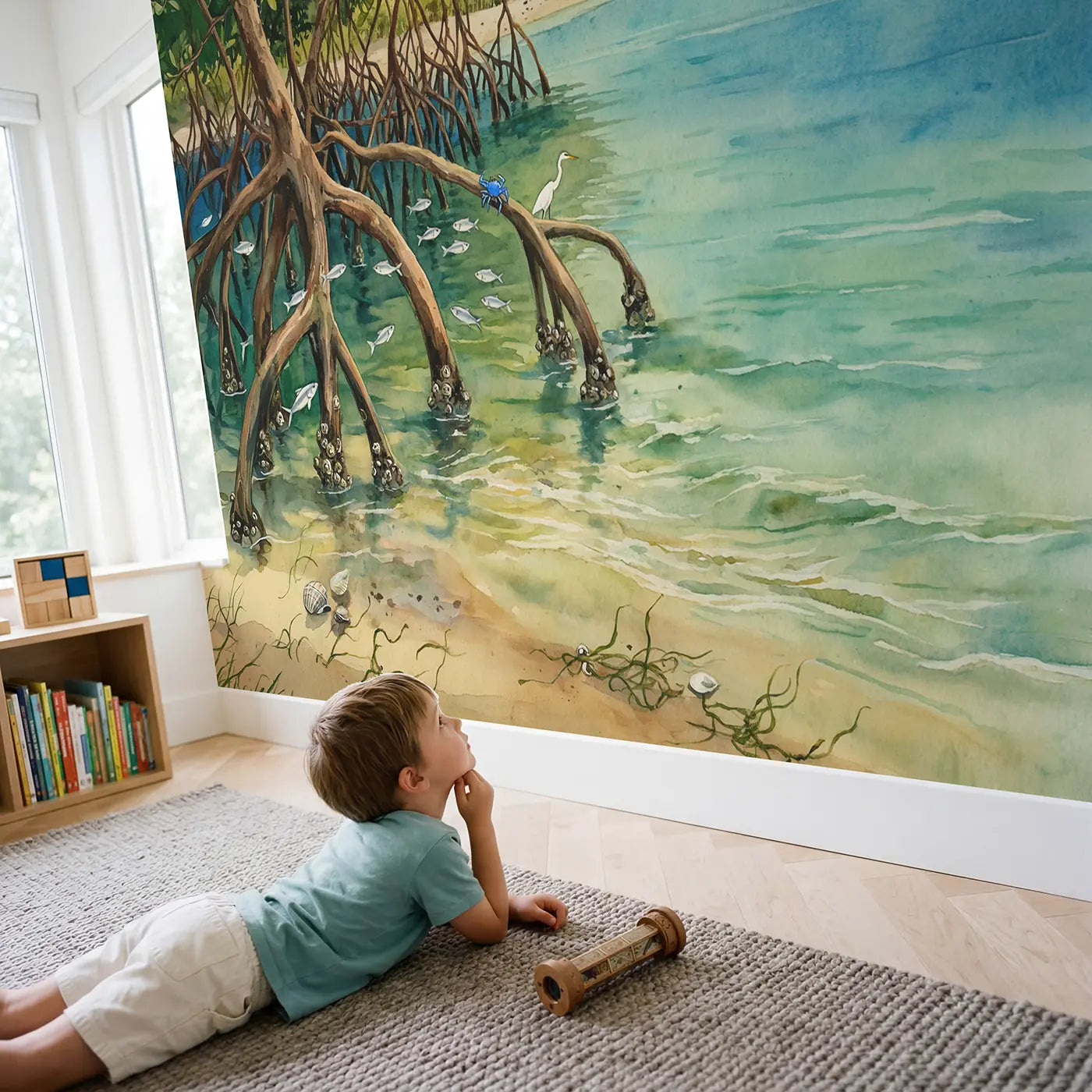 Child in nursery with Mangrove Coast Watercolor Wallpaper Mural by Whimsy Tots